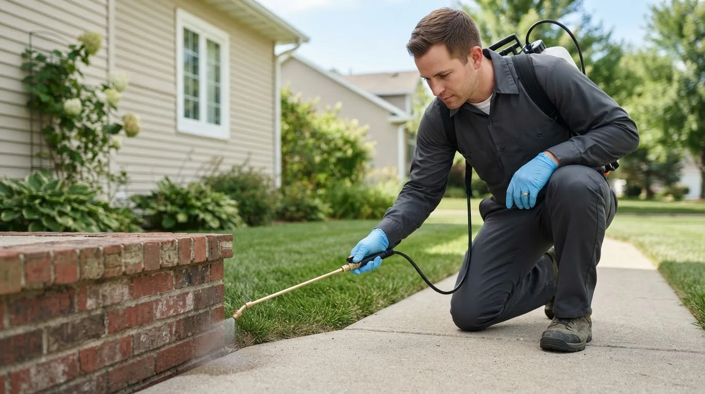 Pest control technician treating a home near Utica, NE